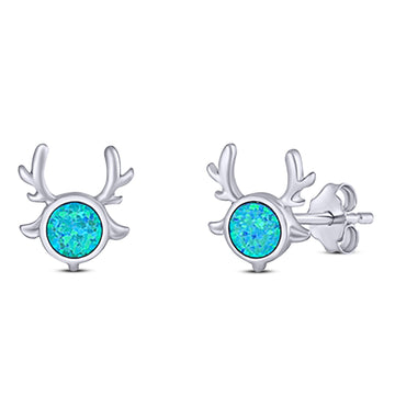 Deer Antler Stud Earring Created Blue Opal Solid 925 Sterling Silver (10.2mm)